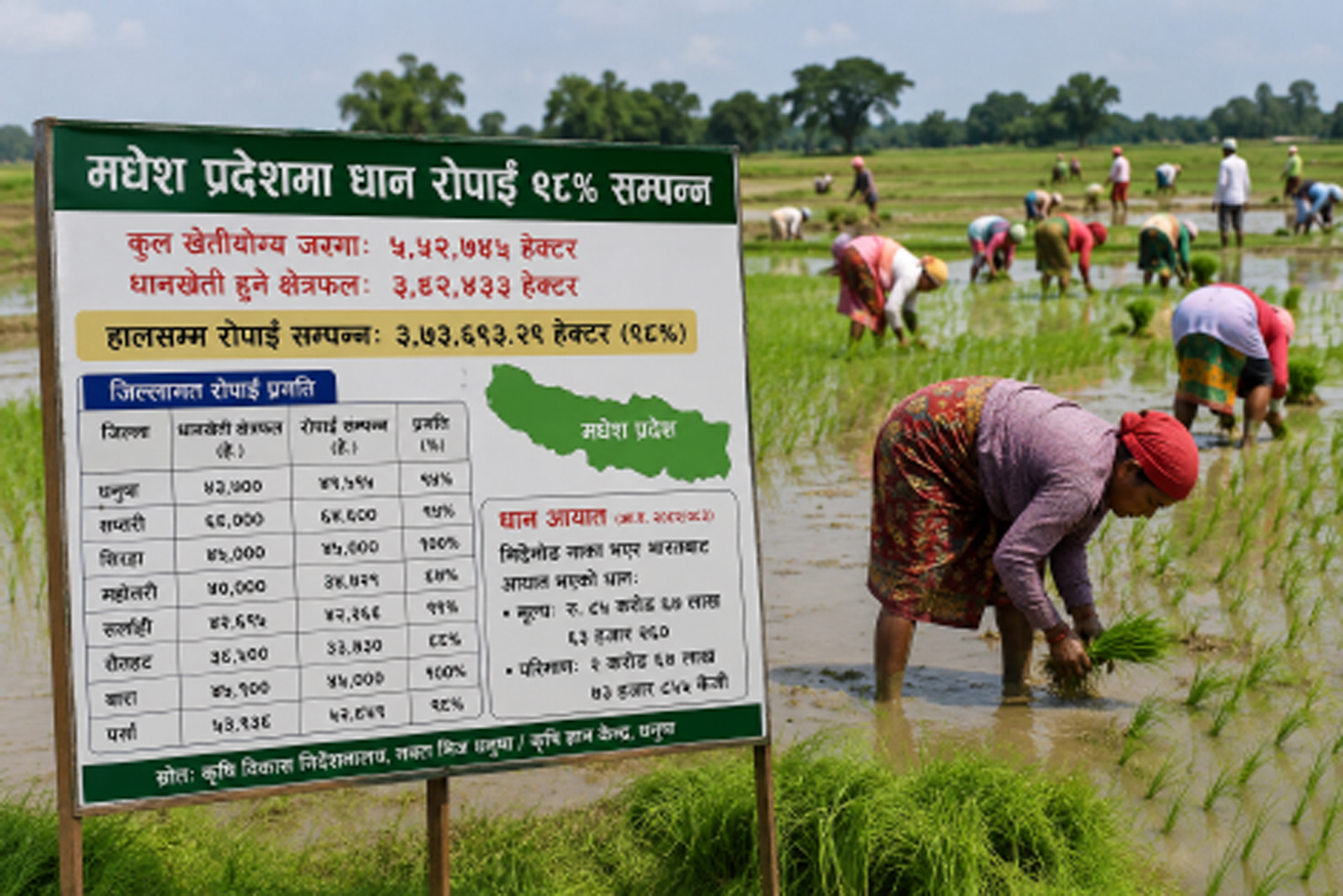 मधेशमा ९८ प्रतिशत रोपाई सकियो : वर्षभरि माग धान्न भारतबाट करोडौँको धान आयात